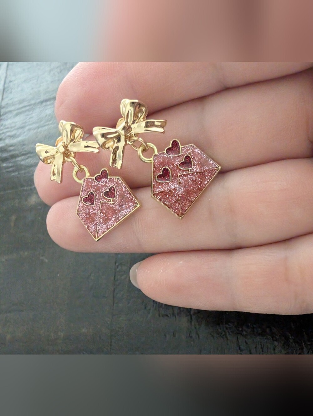 Coquette Bow Stud Earring , Enameled Heart Love Envelop Dangle Ear - Picture 5 of 8